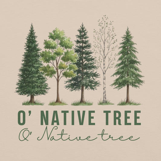 Beige t-shirt with native trees design.