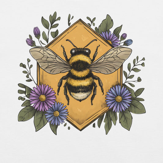 White t-shirt with a bumble bee and asters design.