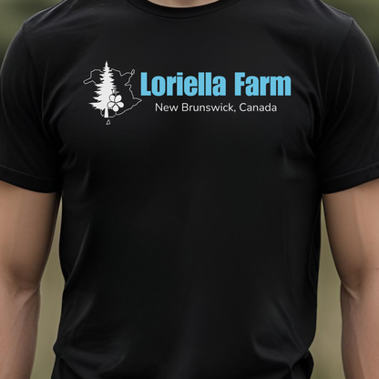Black t-shirt with 'Loriella Farm New Brunswick, Canada' text and logo.
