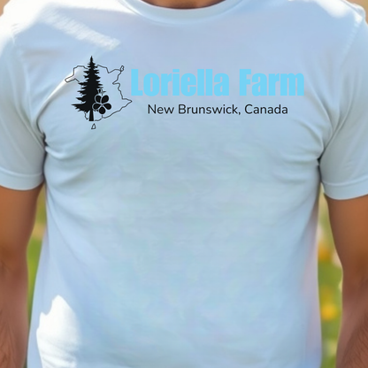 White t-shirt with 'Loriella Farm New Brunswick, Canada' design.