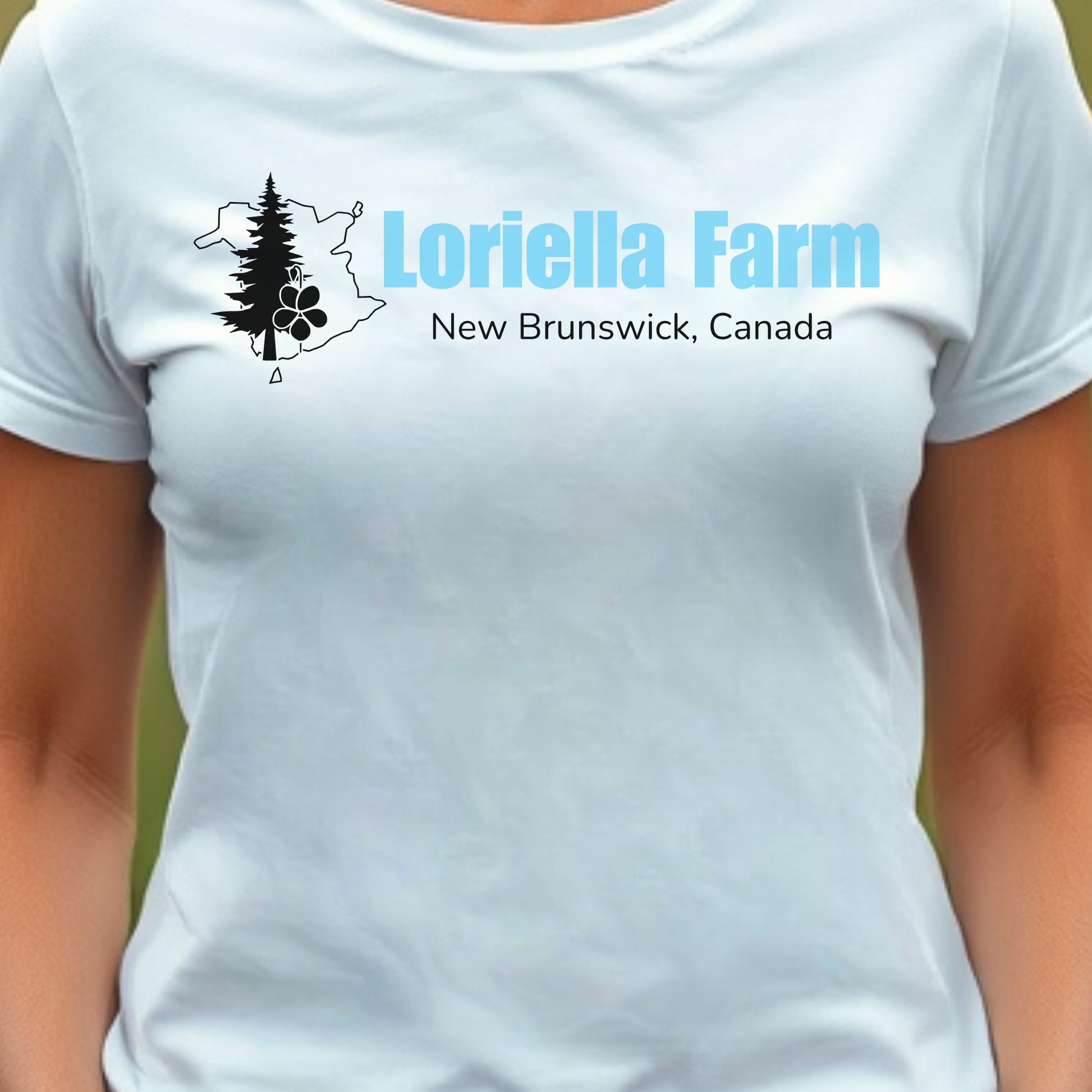 White t-shirt with 'Loriella Farm New Brunswick, Canada' text and logo.