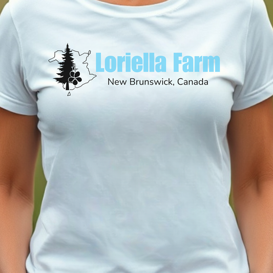 White t-shirt with 'Loriella Farm New Brunswick, Canada' text and logo.
