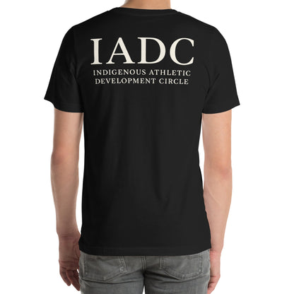 Black t-shirt with 'IADC Indigenous Athletic Development Circle' text on the back.