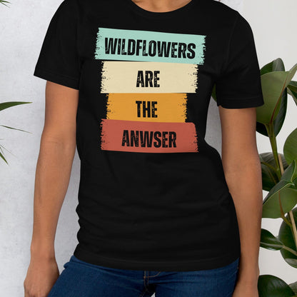 Black t-shirt with colorful text design.