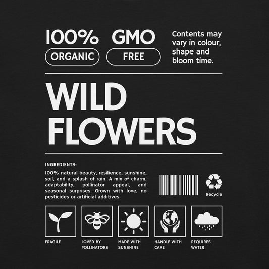 Black t-shirt with 'Wild Flowers' text and label graphics.