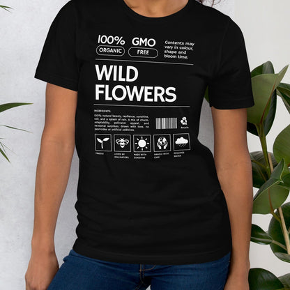 Black t-shirt with 'Wild Flowers' text and graphics.