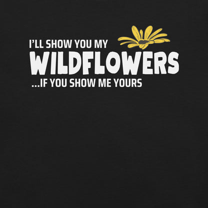 Black t-shirt with text and flower graphic.