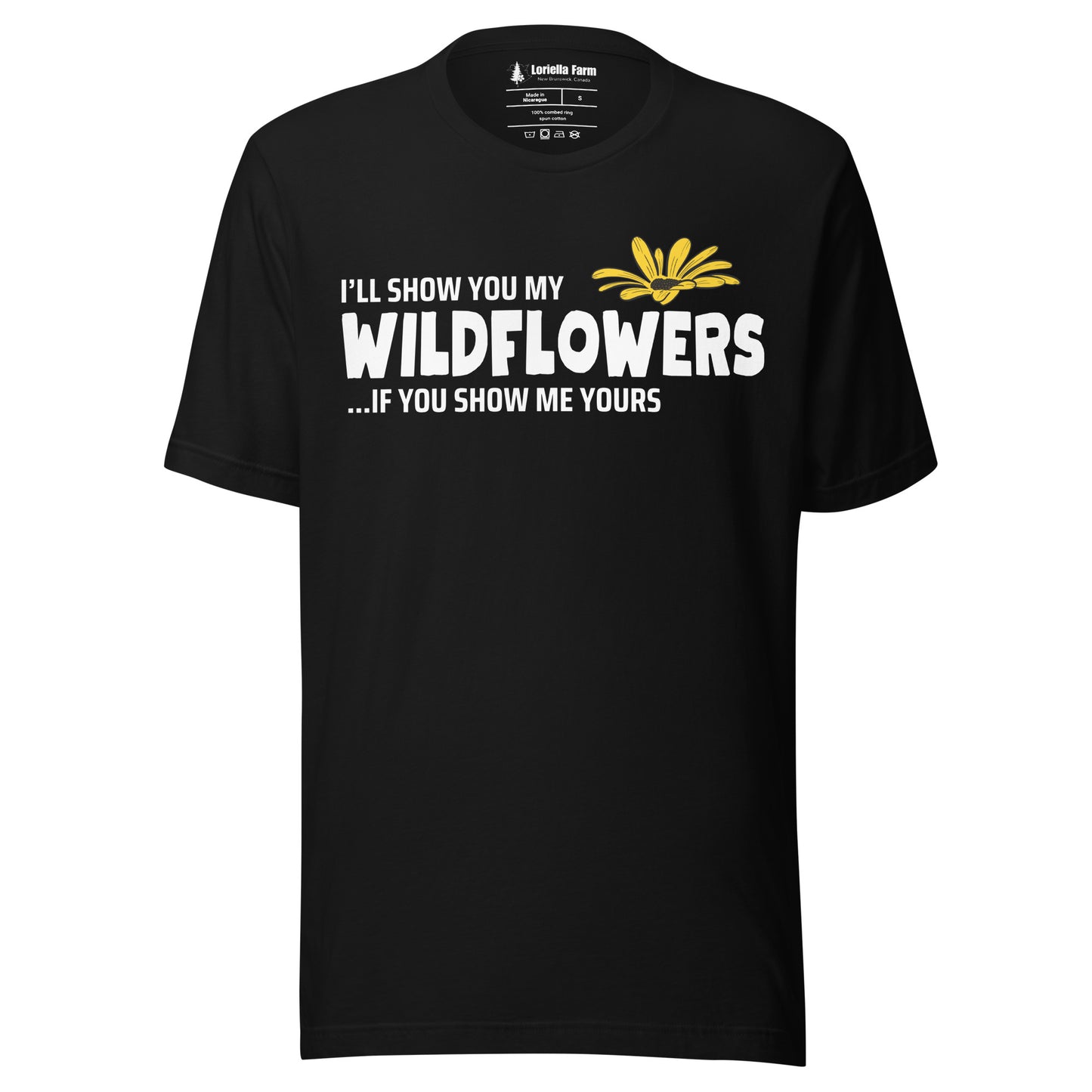 Black t-shirt with 'I'll show you my wildflowers' text.