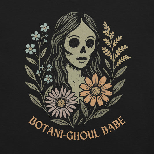 Black t-shirt with 'Botani-Ghoul' text and graphic.