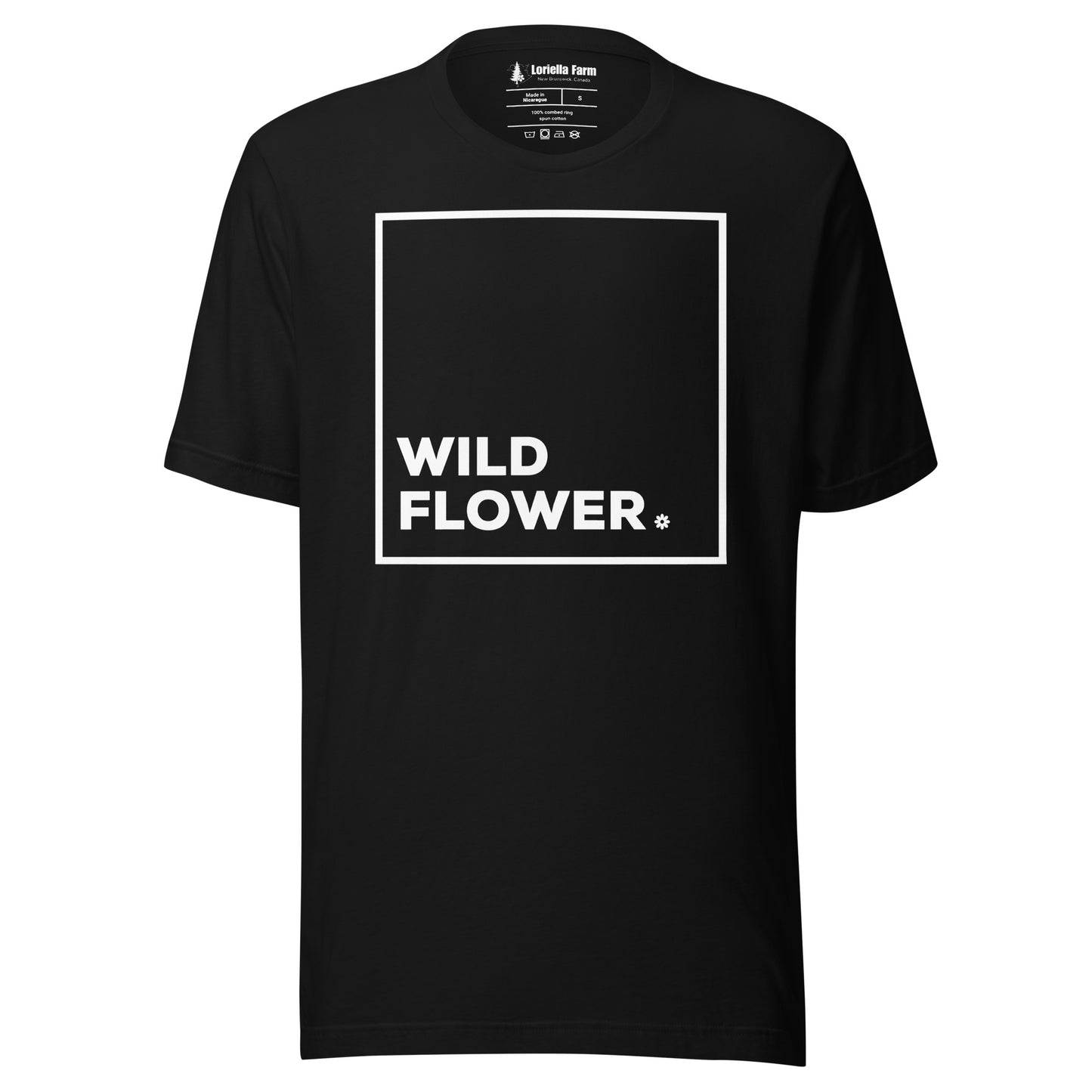 Black t-shirt with 'WILD FLOWER' text.