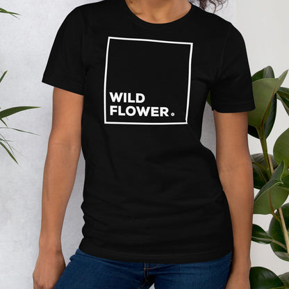 Black t-shirt with 'WILD FLOWER' text.