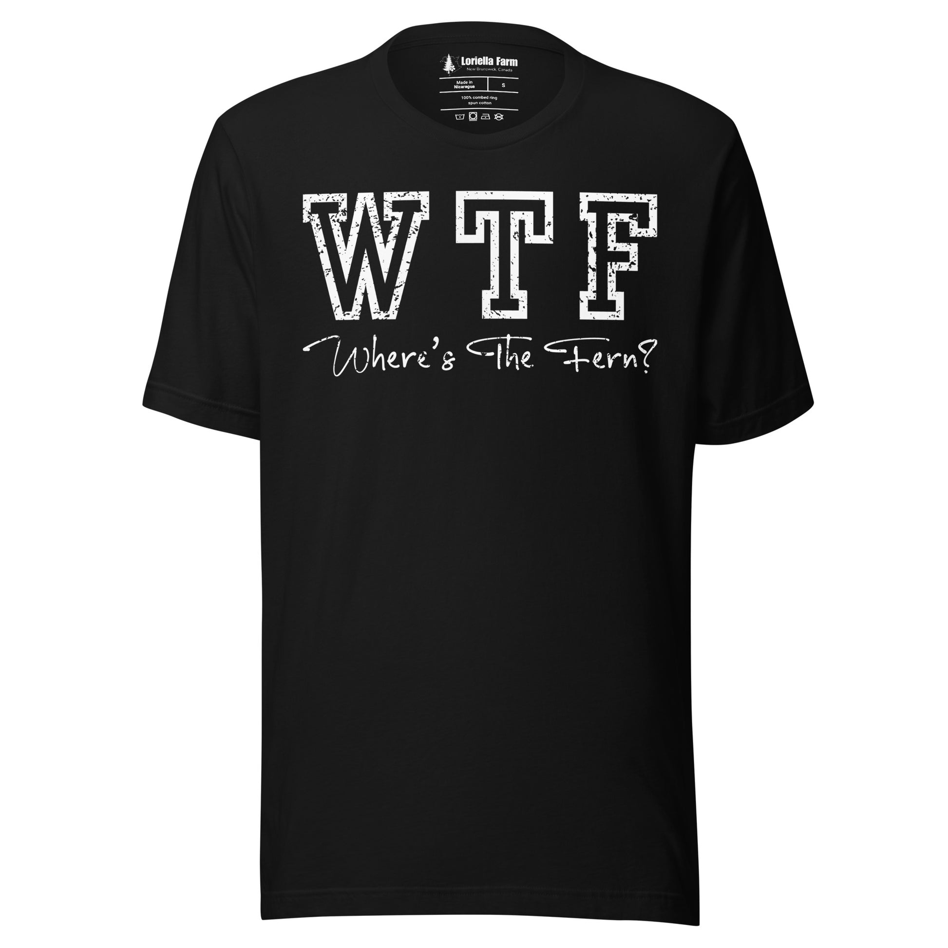 Black t-shirt with 'WTF Where's The Fern?' text.