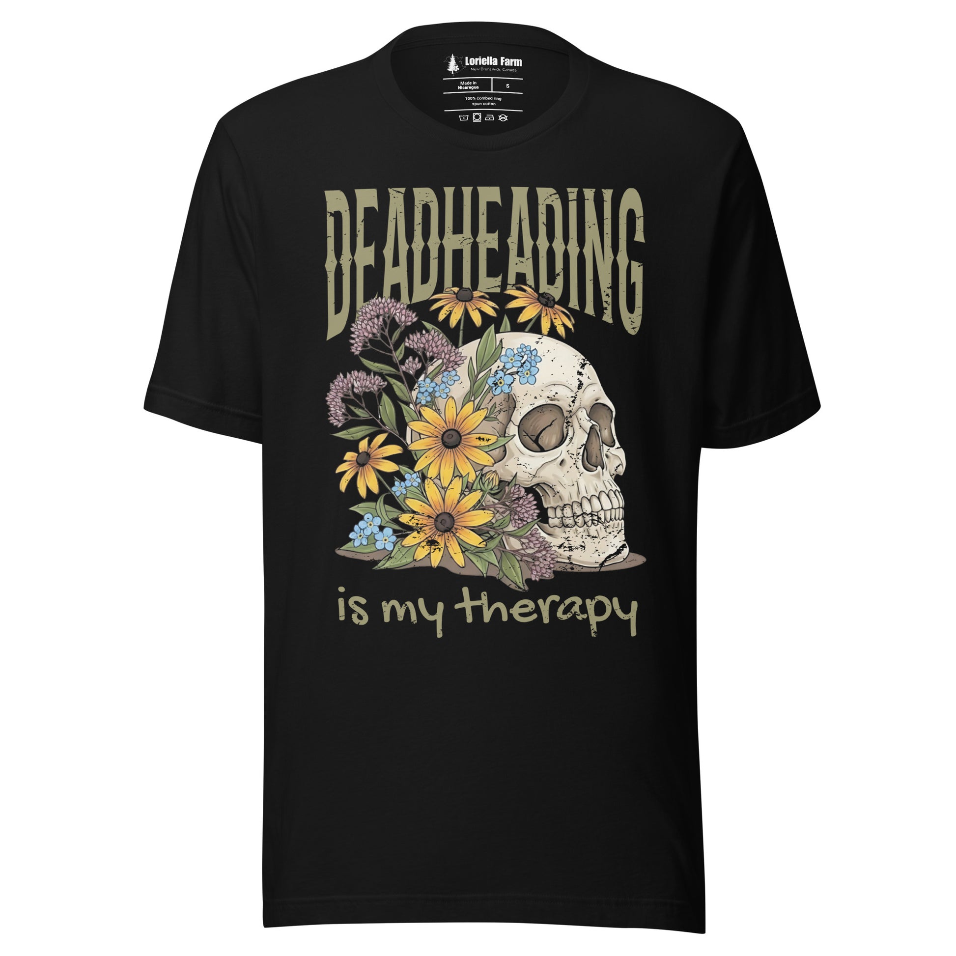 Black t-shirt with skull and floral design and text 'DEADHEADING is my therapy'.