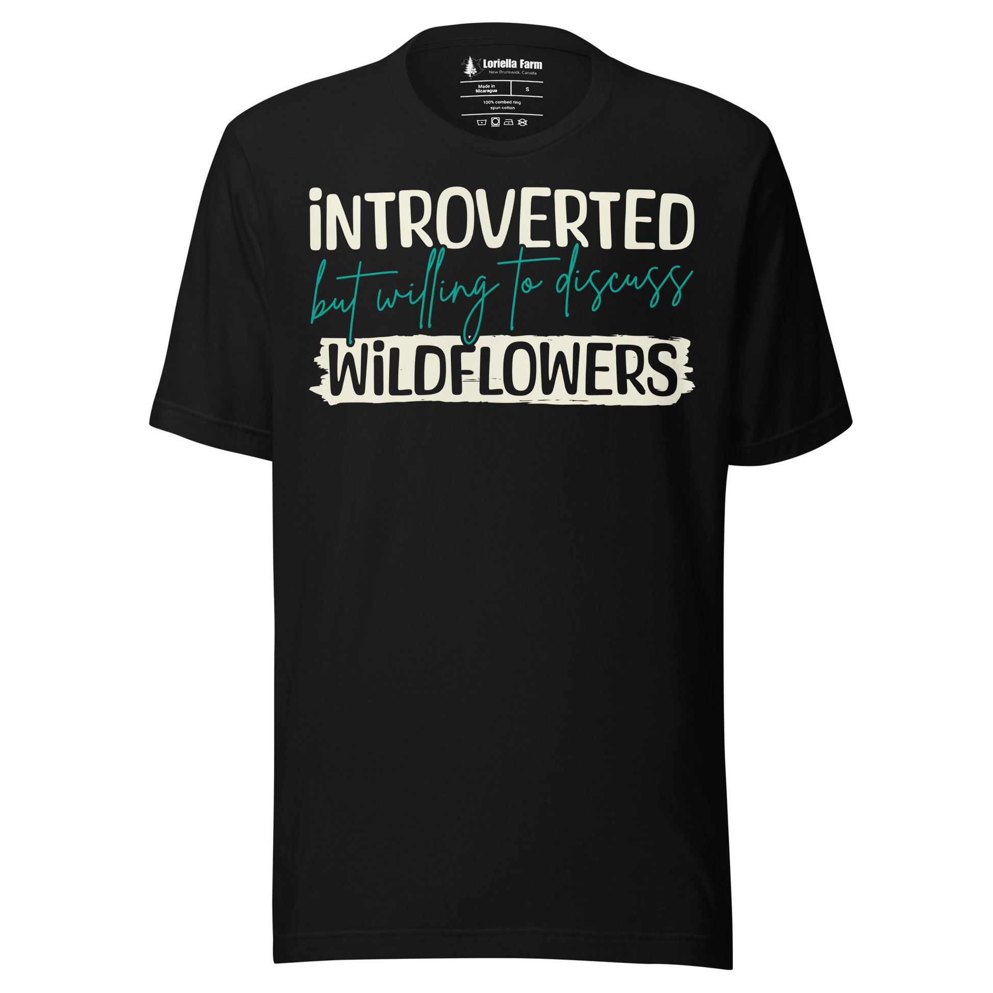 Black t-shirt with text 'introverted but willing to discuss wildflowers'.