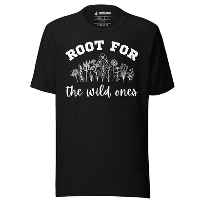 Black t-shirt with text 'Root for the wild ones' and floral designs.
