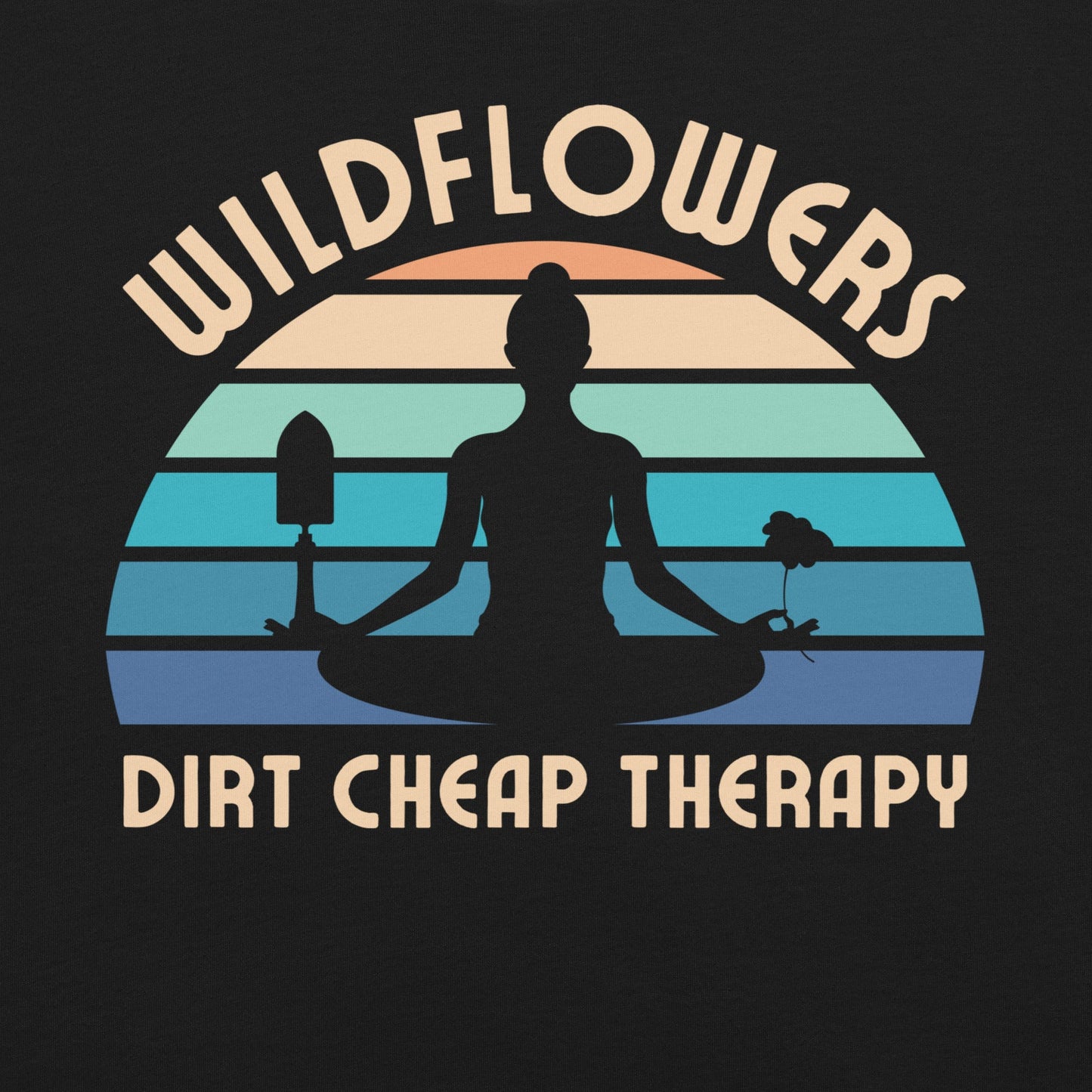 Black t-shirt with a graphic design and text 'wildflowers dirt cheap therapy'.