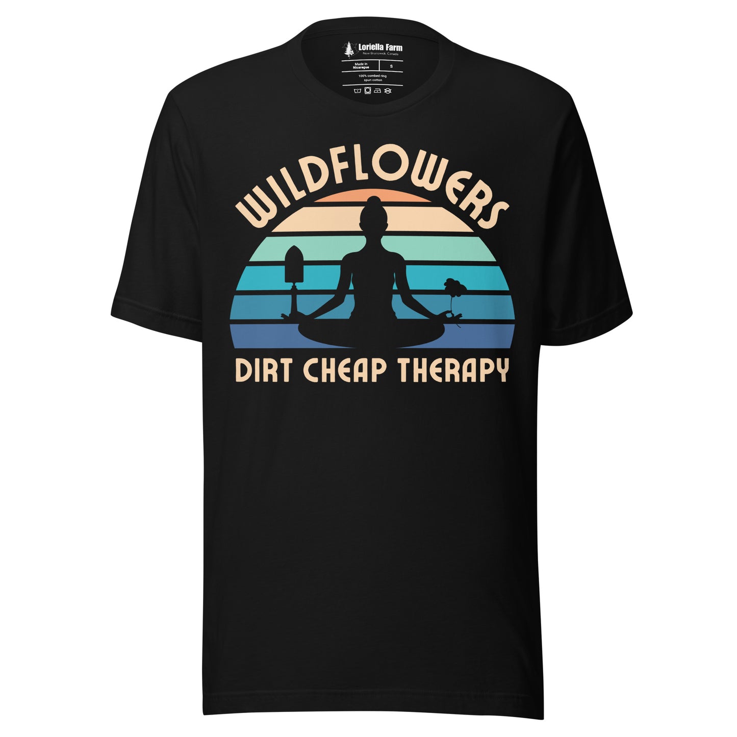 Black t-shirt with a graphic of a person meditating, wildflowers, and 'Dirt Cheap Therapy' text.