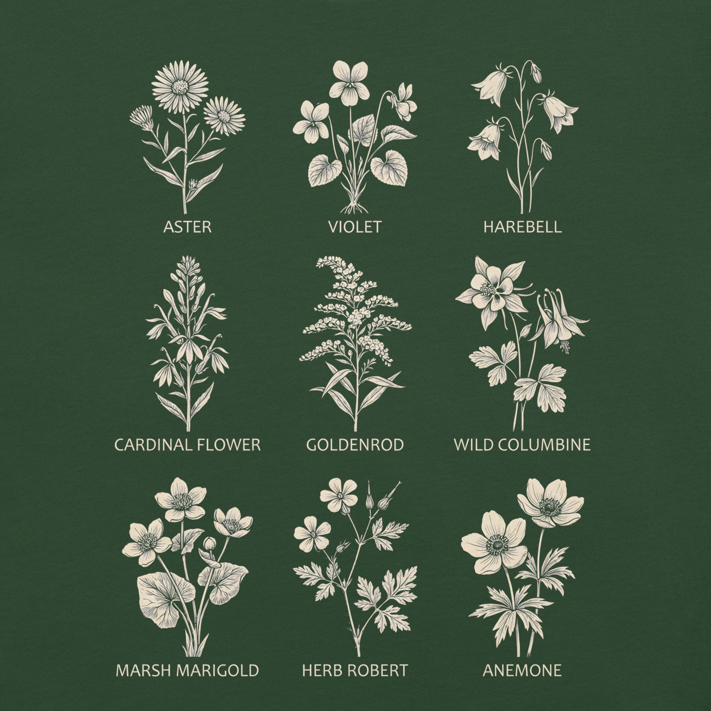Forest green t-shirt with native flowers and names design.
