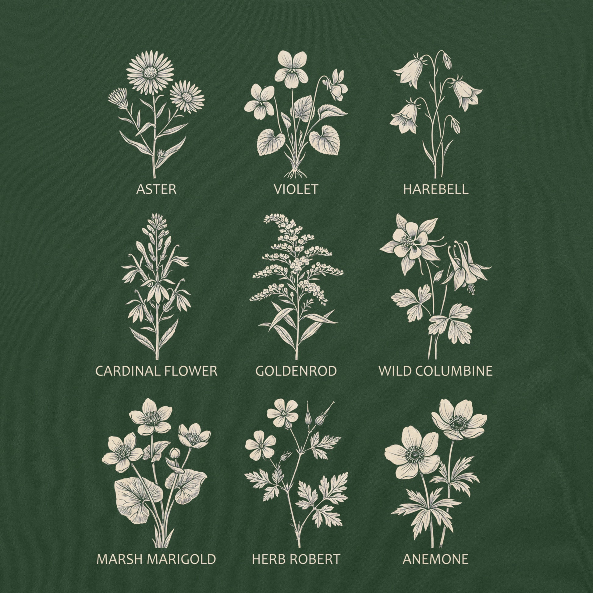Forest green t-shirt with native flowers and names design.