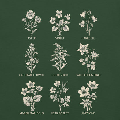 Forest green t-shirt with native flowers and names design.