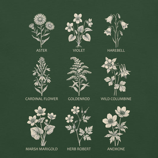 Forest green t-shirt with native flowers and names design.