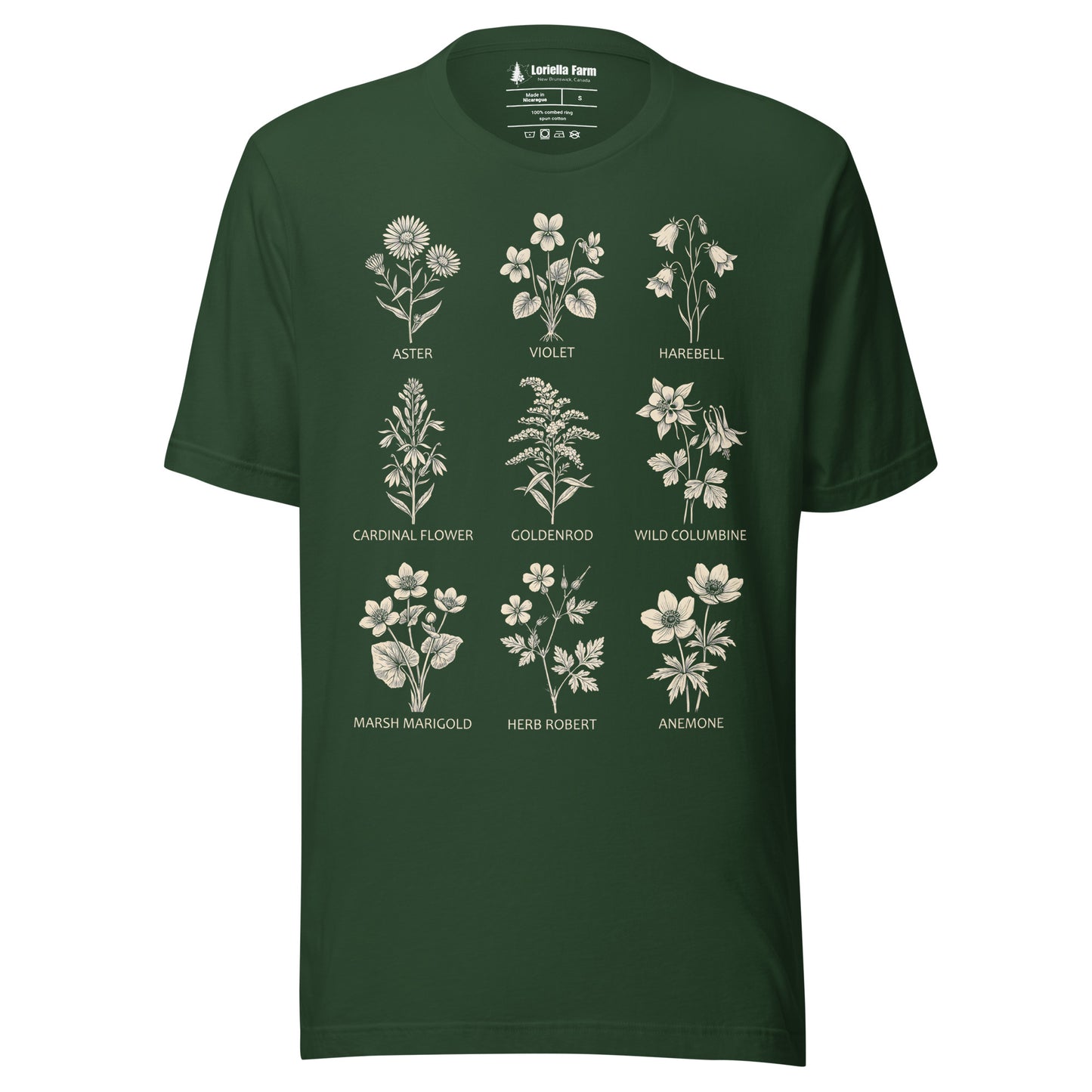 Forest green t-shirt with native flowers and names design.