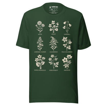 Forest green t-shirt with native flowers and names design.