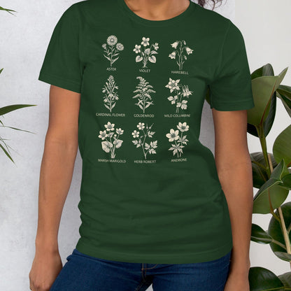 Forest green t-shirt with native flowers and names design.