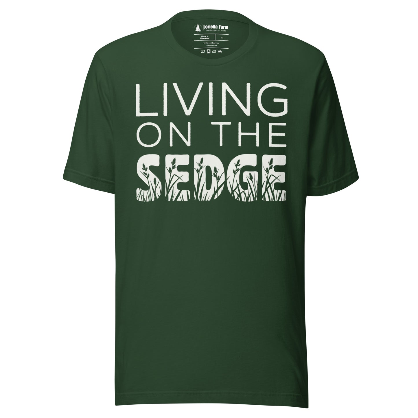 Forest green t-shirt with 'Living on the Sedge' text.