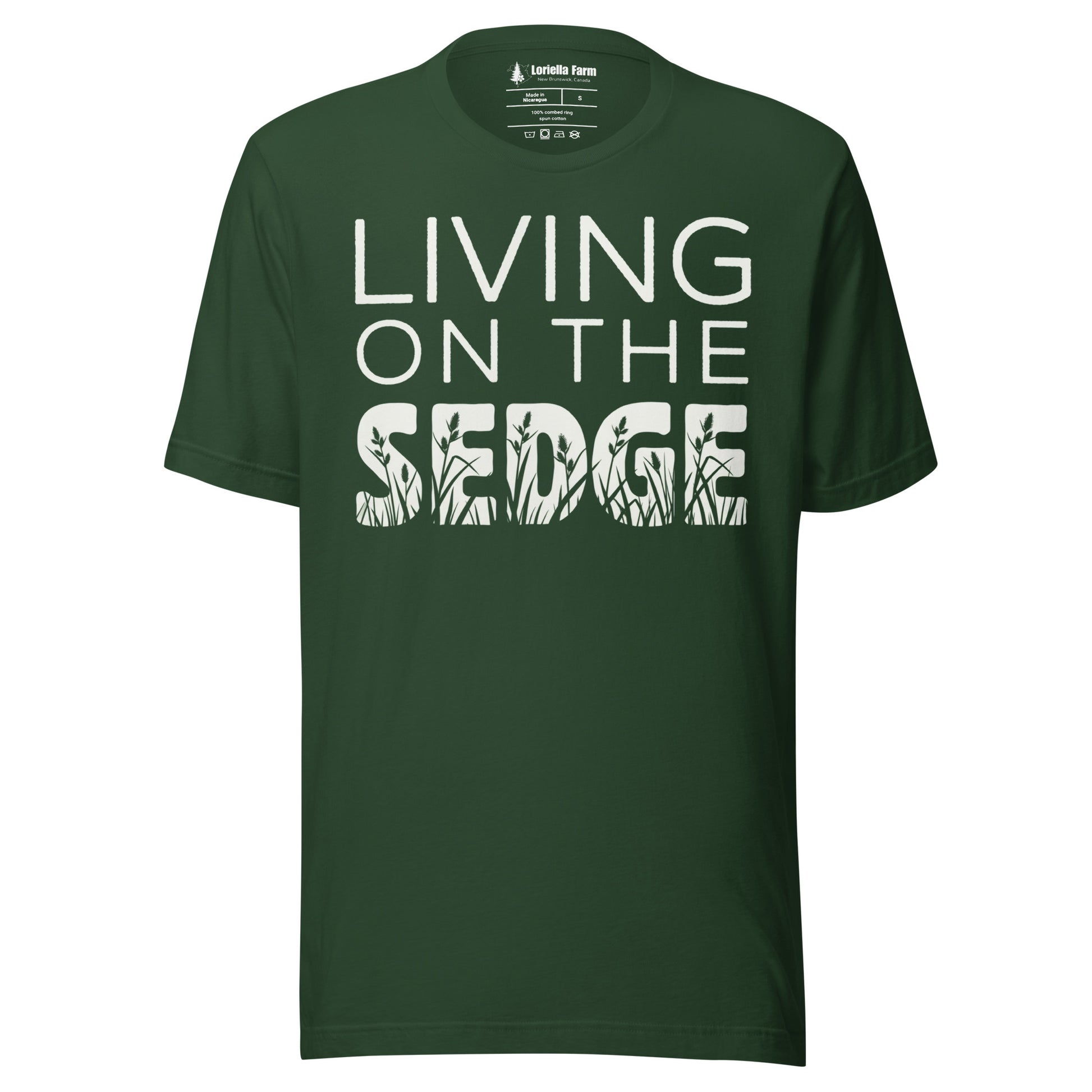 Forest green t-shirt with 'Living on the Sedge' text.