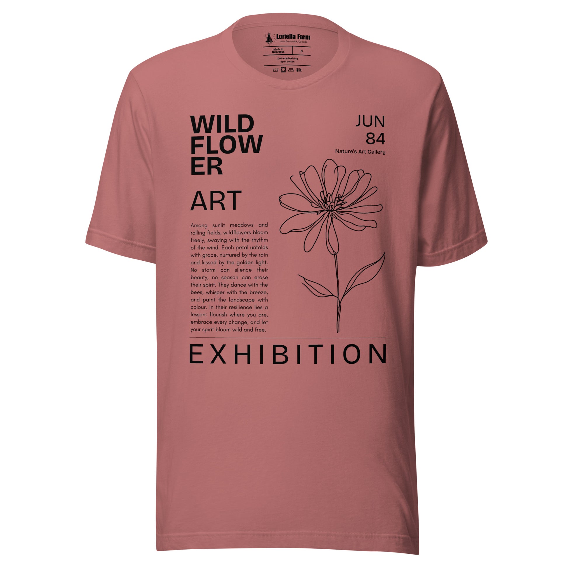 Mauve t-shirt with 'Wildflower Art Exhibition' design.