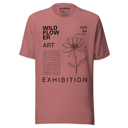 Mauve t-shirt with 'Wildflower Art Exhibition' design.
