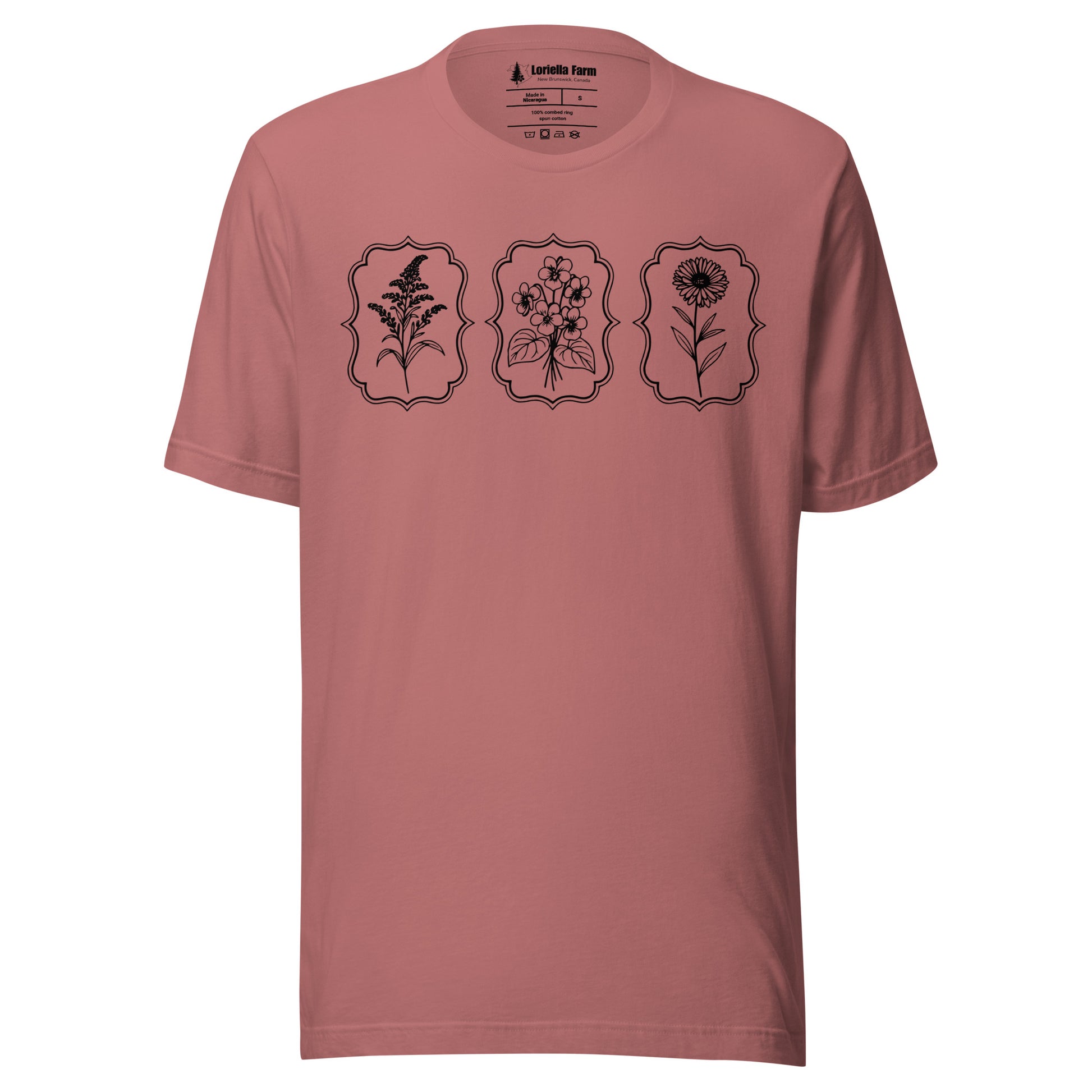 Mauve t-shirt with wildflower designs.