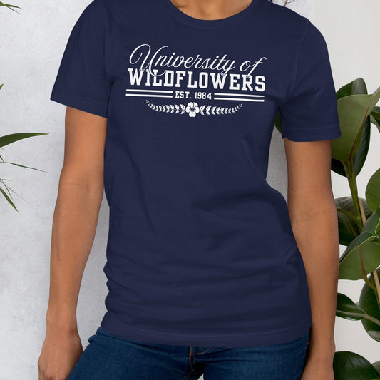 Navy blue t-shirt with 'University of Wildflowers' text.
