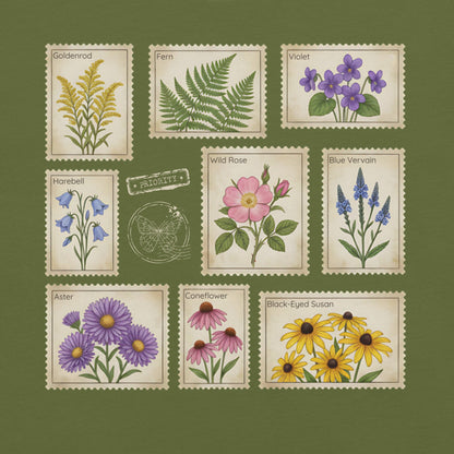 Olive green t-shirt with wildflower stamps graphic.