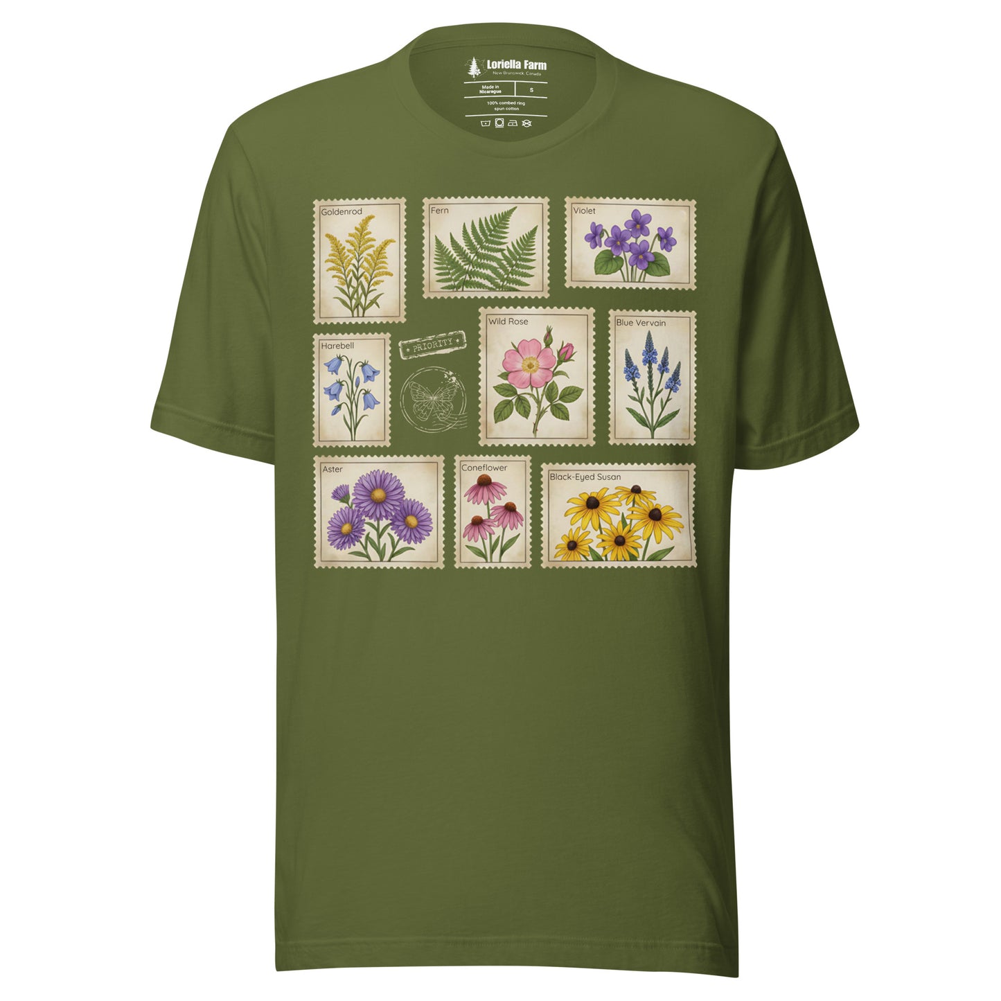 Olive green t-shirt with wildflower stamps graphic.