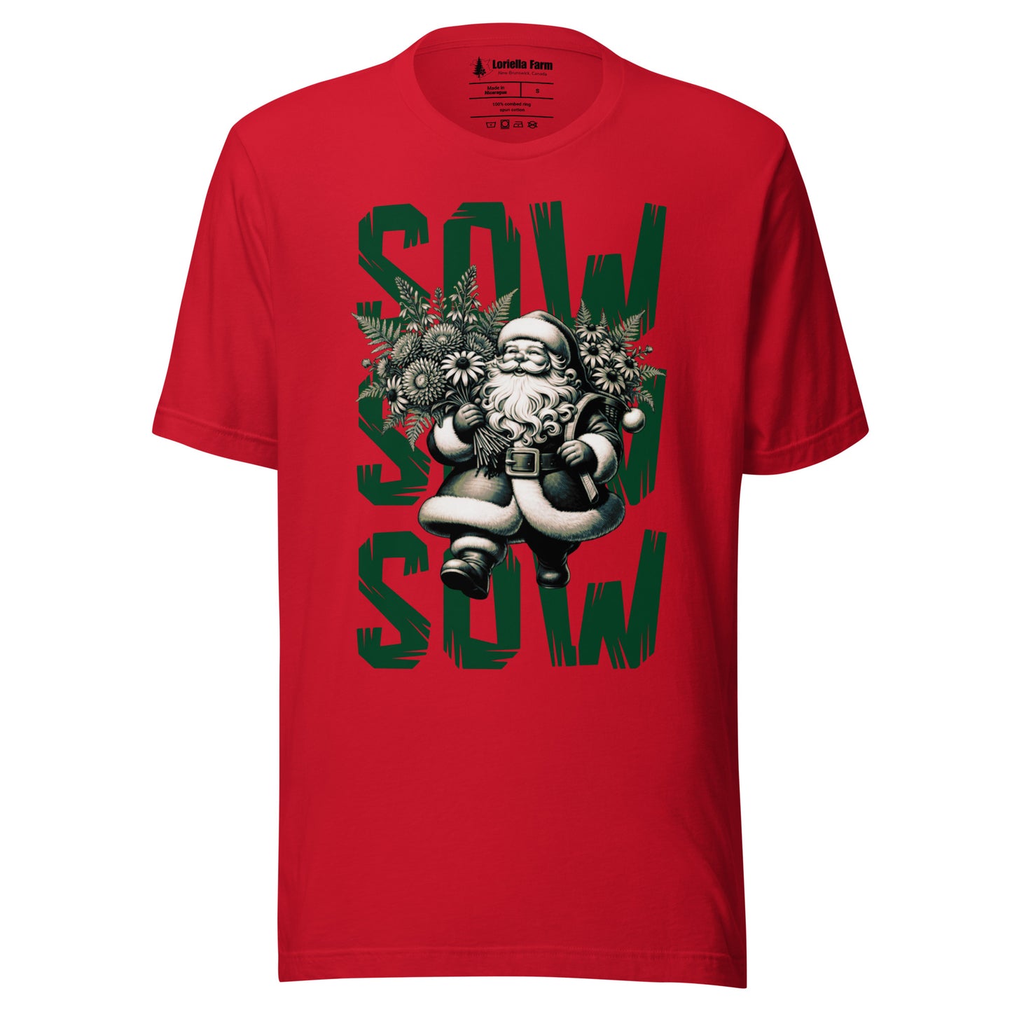 Red t-shisrt with santa claus holding flowers with 'SOW SOW SOW' text.