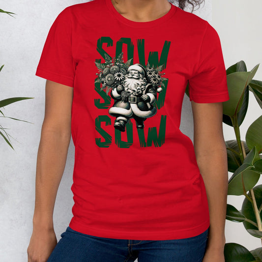 Red t-shirt with a santa claus graphic and text.