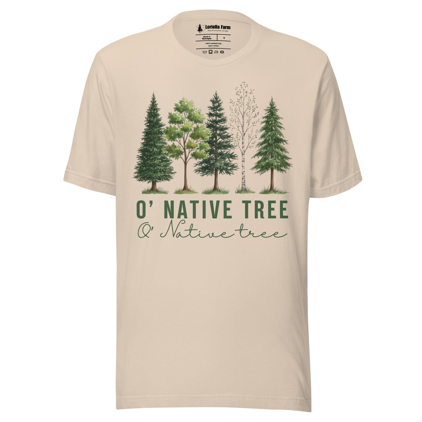 Beige t-shirt with native tree design and text.