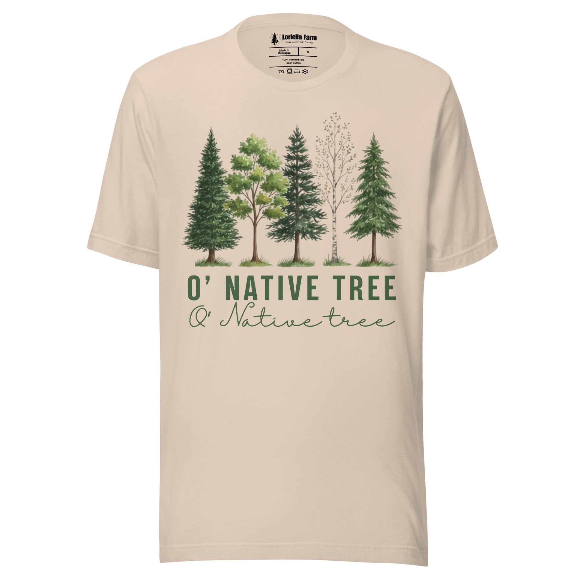 Beige t-shirt with native tree design and text.