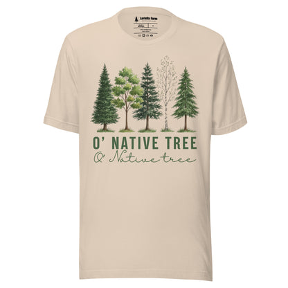 Beige t-shirt with native tree design and text.