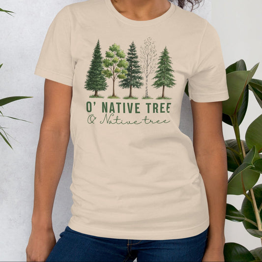 Beige t-shirt with native trees design and text.
