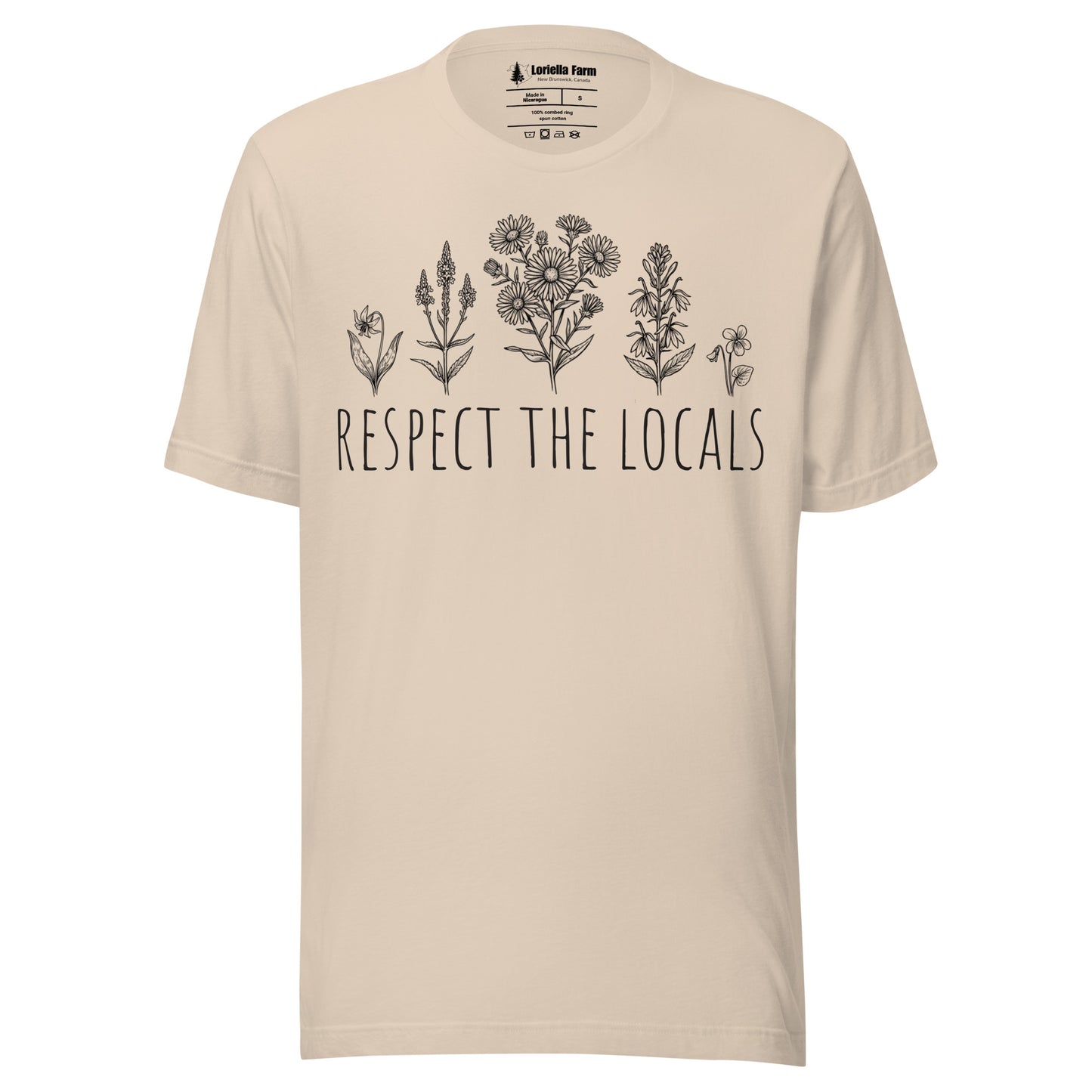 Beige t-shirt with wildflowers and 'respect the locals' text.