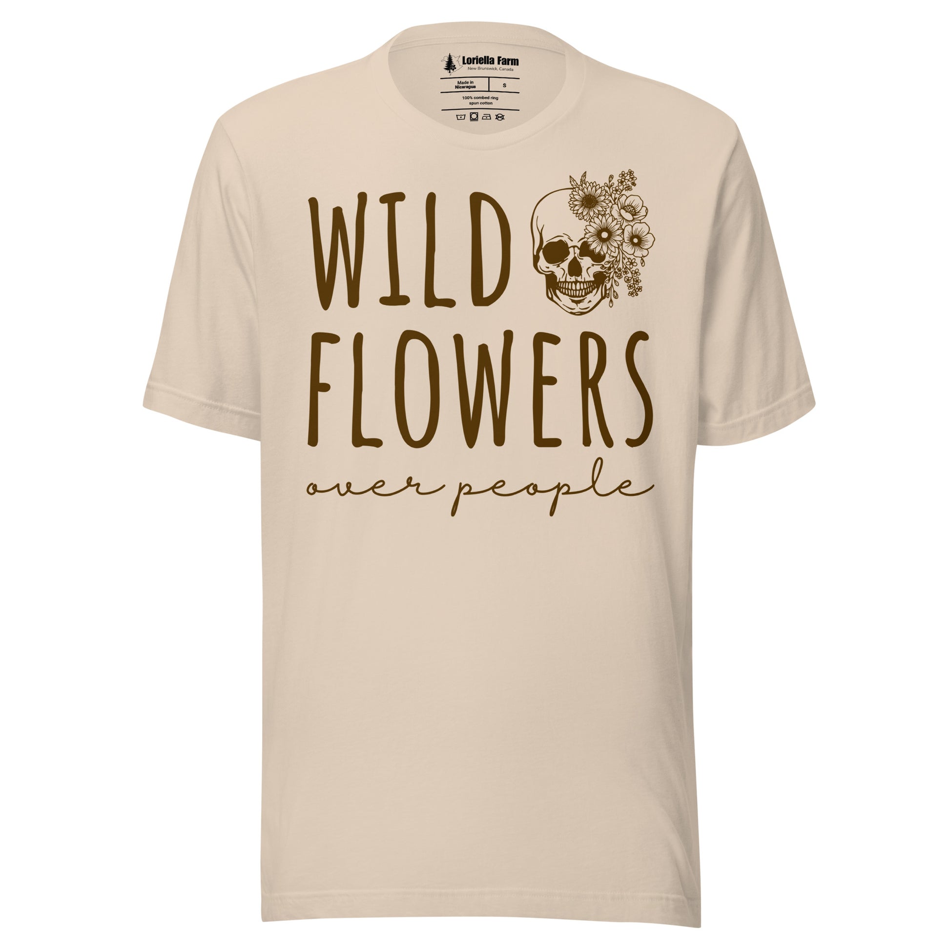 Beige t-shirt with 'Wild Flowers Over People' text and skull graphic.