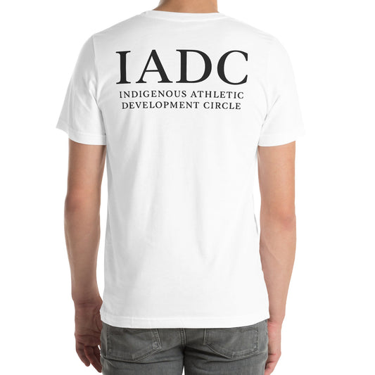 White t-shirt with 'IADC Indigenous Athletic Development Circle' text on the back.