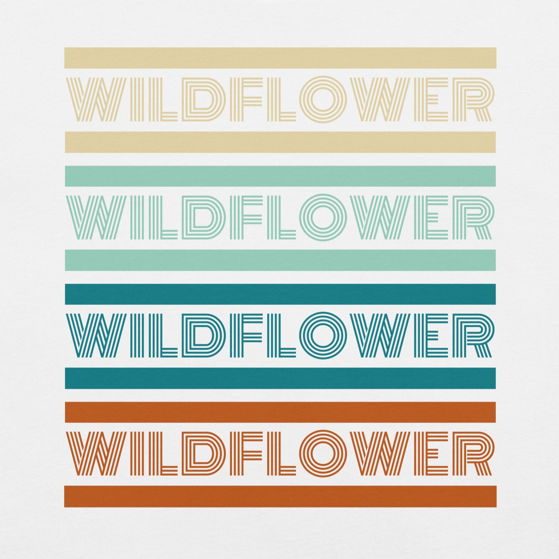 White t-shirt with 'WILDFLOWER' text in colorful stripes.