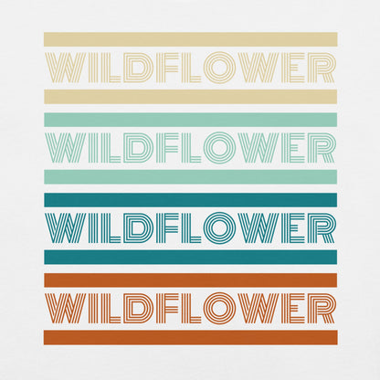 White t-shirt with 'WILDFLOWER' text in colorful stripes.