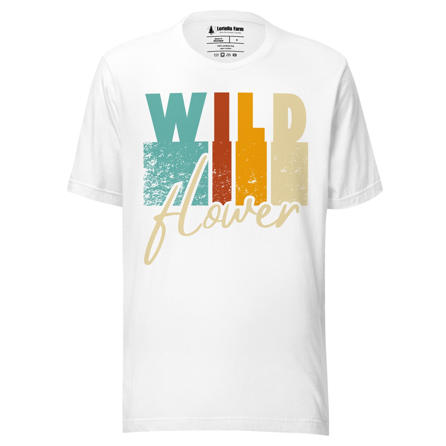 White t-shirt with text 'Wild Flower' in colorful letters.