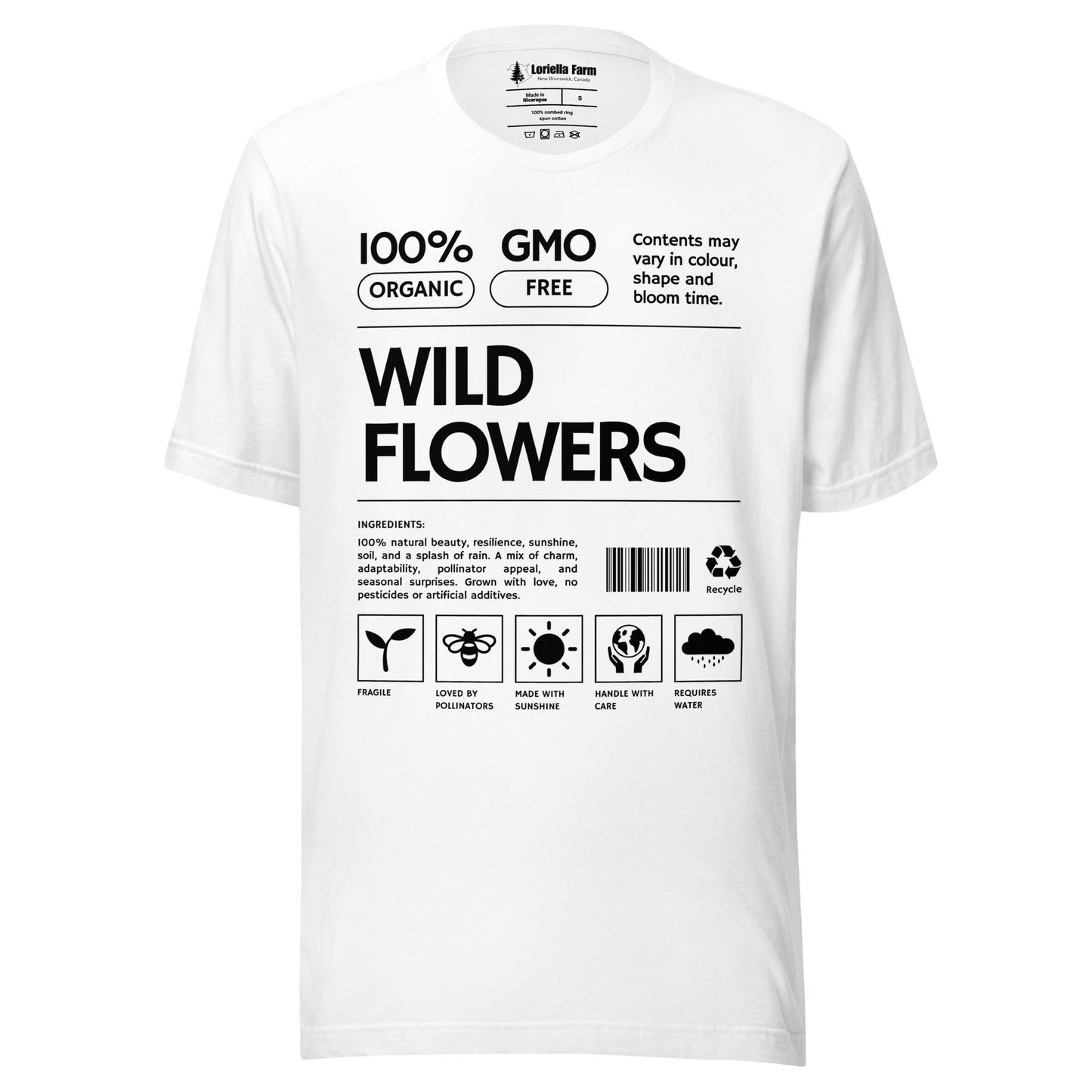 White t-shirt with 'Wild Flowers' text and label graphics.