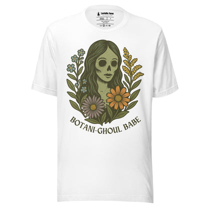 White t-shirt with 'Botani-Ghoul' text and graphic.